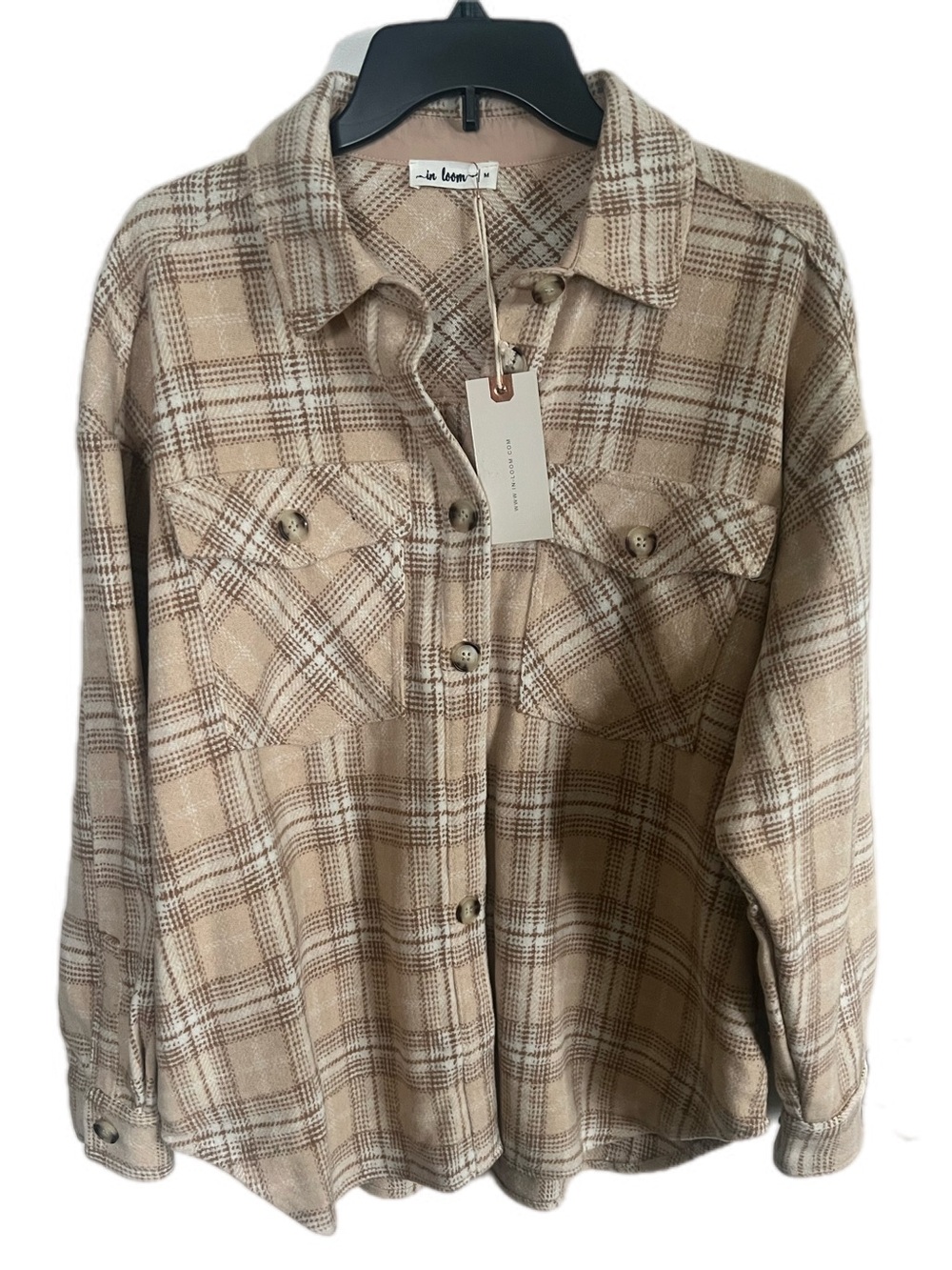 Mod Boutique In Loom Tan Beige Cream Plaid Button-Front Shacket Jacket Fall New